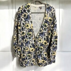 J. Jill Yellow Blue Floral V Neck Button Cardigan Sweater Size 2X